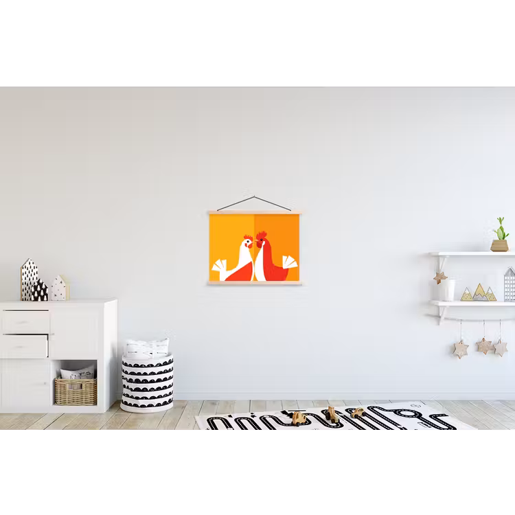Kippen - Oranje - Vlakken textielposter latten blank klein -kinderkamer