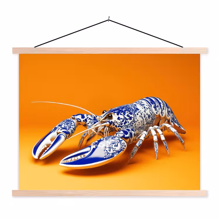 Kreeft - Delftsblauw - Schild - Stoer - Oranje textielposter latten blank klein -3d