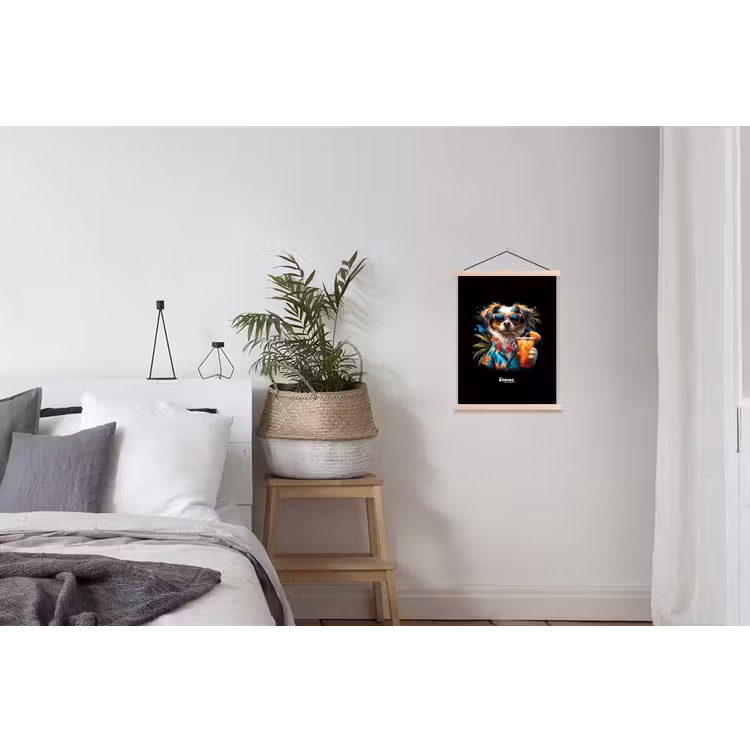 Hond in tropische sferen textielposter latten blank klein -woonkamer