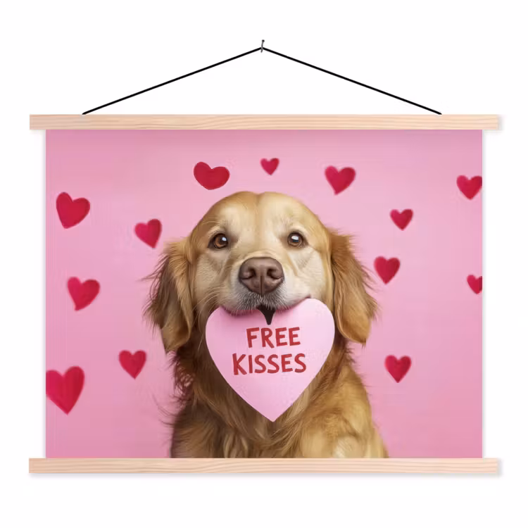 Hond - Kiss- Valentijn - Hartjes textielposter latten blank klein -3d