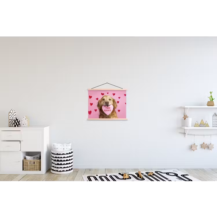 Hond - Kiss- Valentijn - Hartjes textielposter latten blank klein -kinderkamer