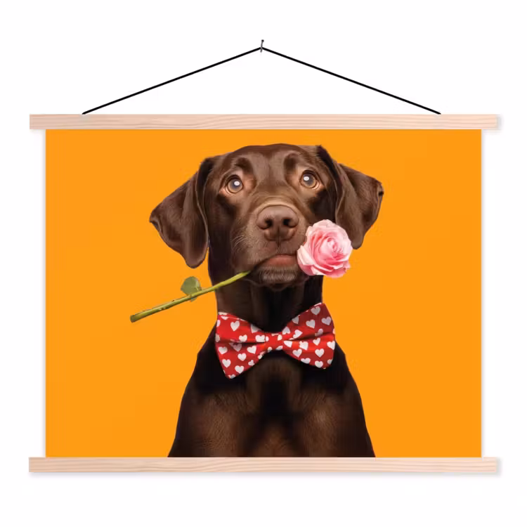 Hond - Oranje - Roos - Valentijn textielposter latten blank klein -3d