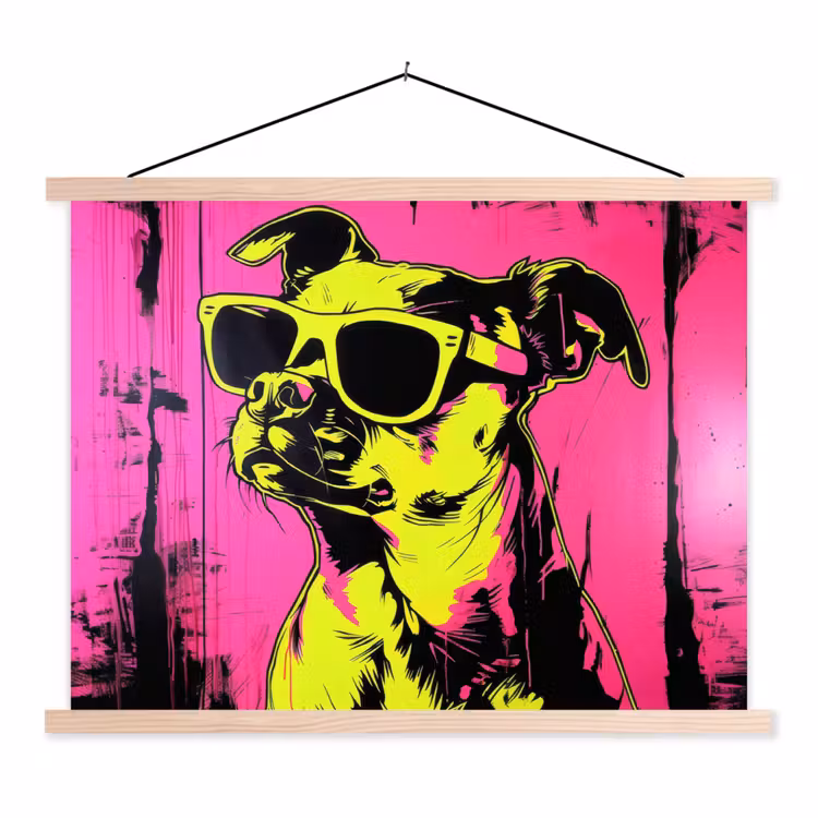 Hond - Zonnebril - Roze - Art textielposter latten blank klein -3d