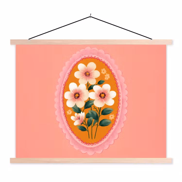 Illustratie - Bloemen - Rand - Roze textielposter latten blank klein -3d