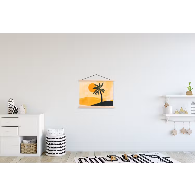 Illustratie - Palmboom - Zon - Heuvels textielposter latten blank klein -kinderkamer