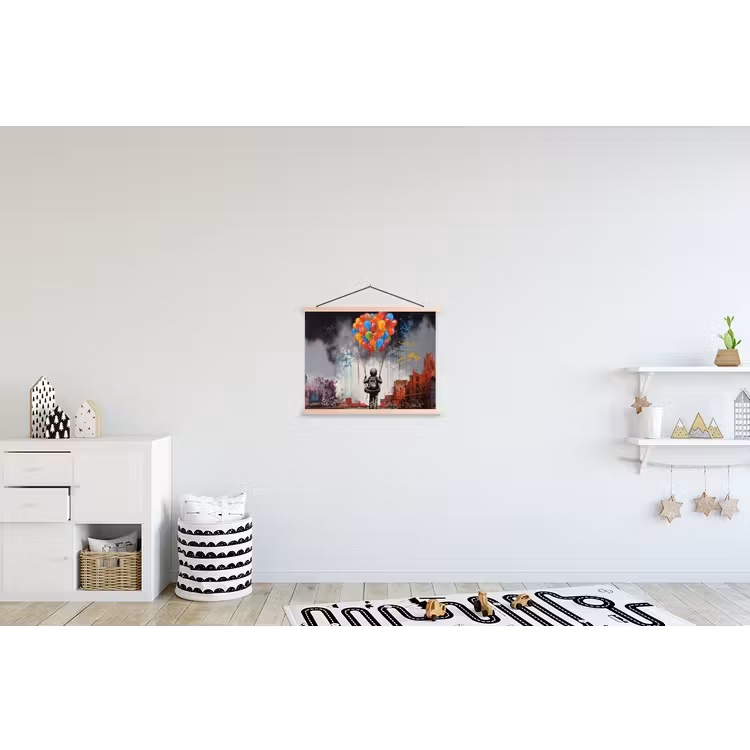 Jongen - Ballonnen - Gebouwen - Kunst textielposter latten blank klein -kinderkamer