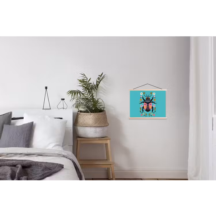 Kever - Bloemmotieven - Turquoise - Bladeren textielposter latten blank klein -woonkamer