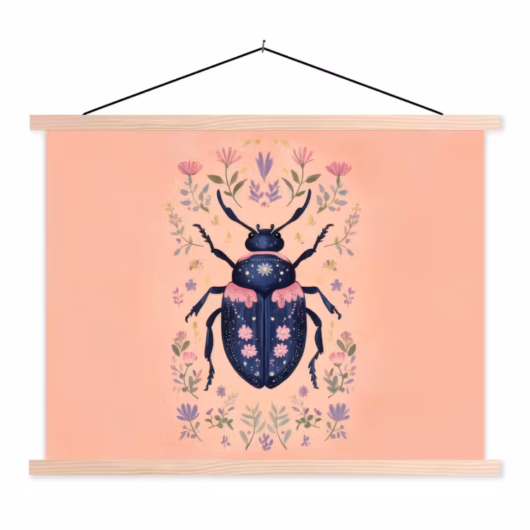 Kever - Donkerblauw - Bloemen - Sierlijk textielposter latten blank klein -3d