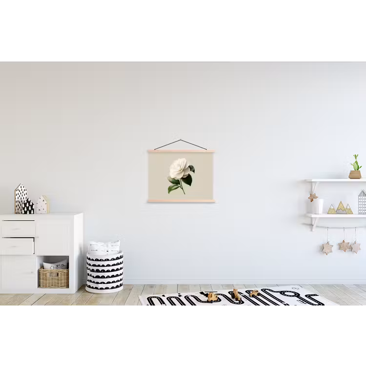Cameliabloem - Wit - Groen textielposter latten blank klein -kinderkamer