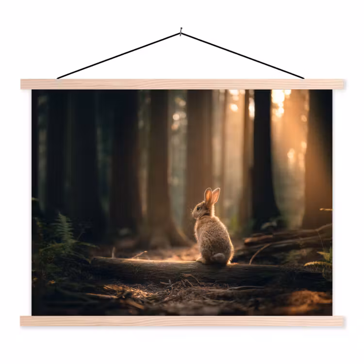 Konijn - Bos - Zonnestralen textielposter latten blank klein -3d