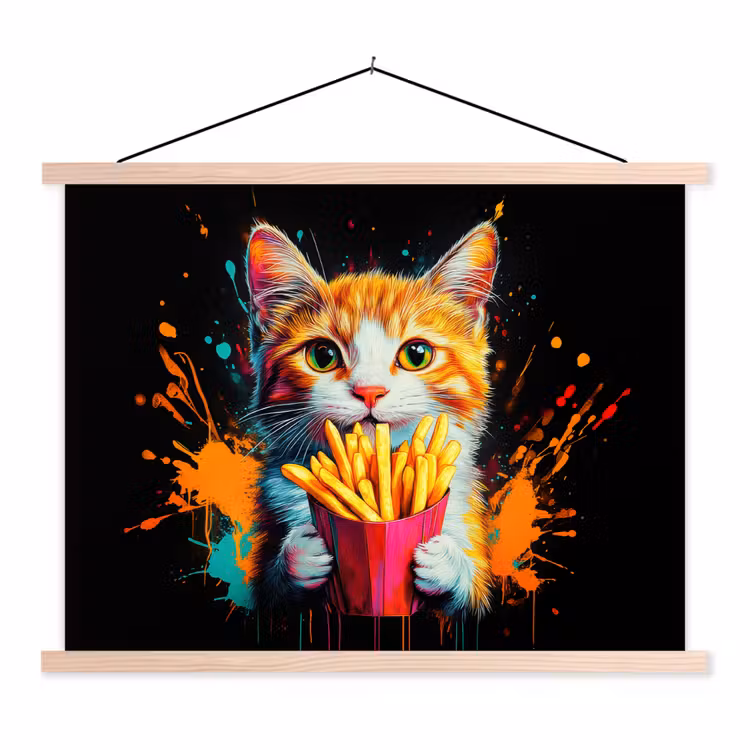 Kat - Eten - Patat - Graffiti - Abstract textielposter latten blank klein -3d