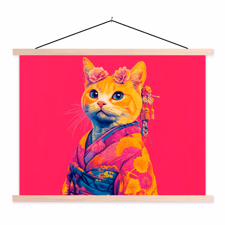 Kat - Kimono - Bloemen - Roze textielposter latten blank klein -3d