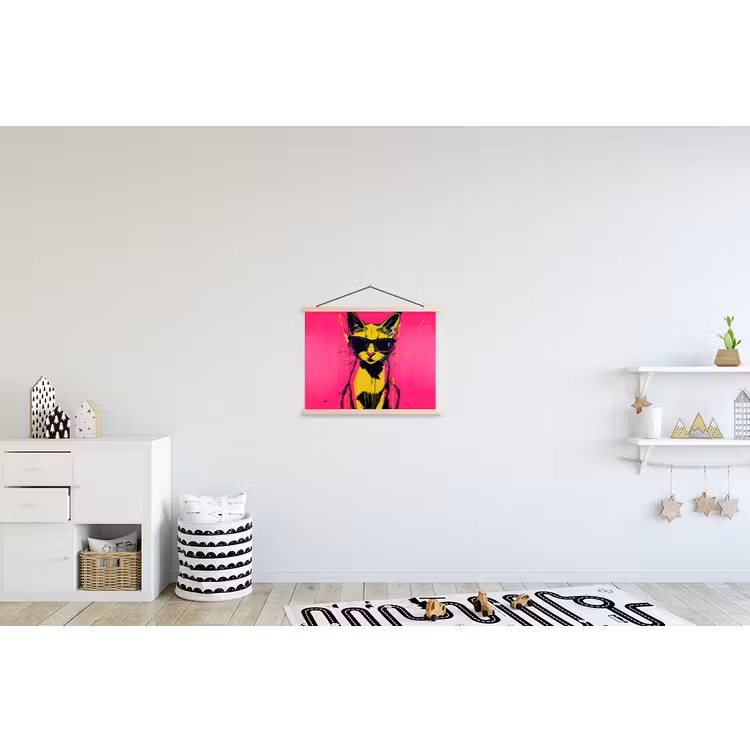 Kat - Art - Zonnebril - Roze textielposter latten blank klein -kinderkamer