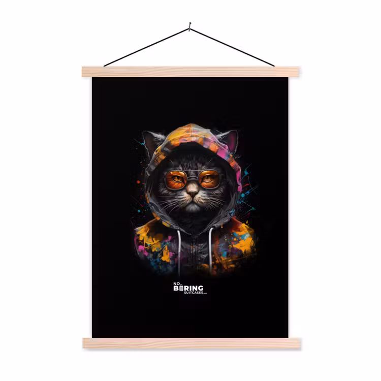 Kat met kleurrijk vest en oranje bril textielposter latten blank klein -3d