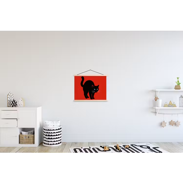 Kat - Zwart - Staart textielposter latten blank klein -kinderkamer