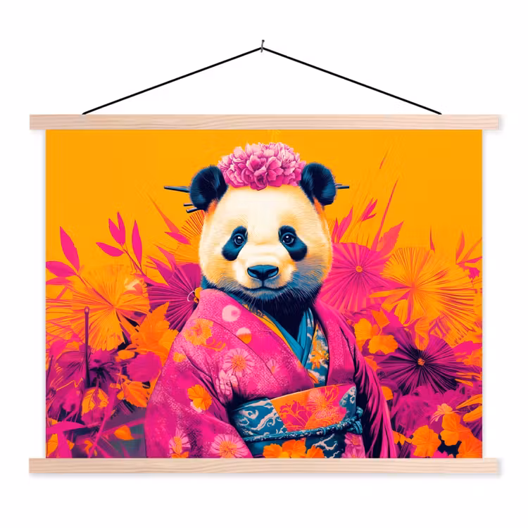 Kimono - Roze - Panda - Bloemenkroon textielposter latten blank klein -3d