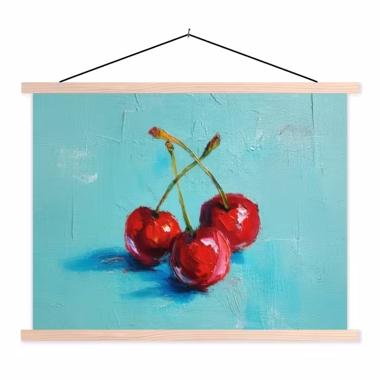 Kersen - Rood - Drie - Geverfd textielposter latten blank klein -3d