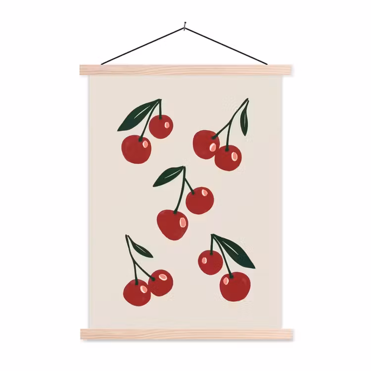 Kersen - Blaadjes - Rood textielposter latten blank klein -3d