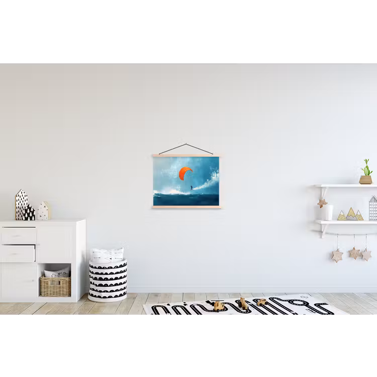 Kitesurfer - Oranje - Zee - Lucht textielposter latten blank klein -kinderkamer