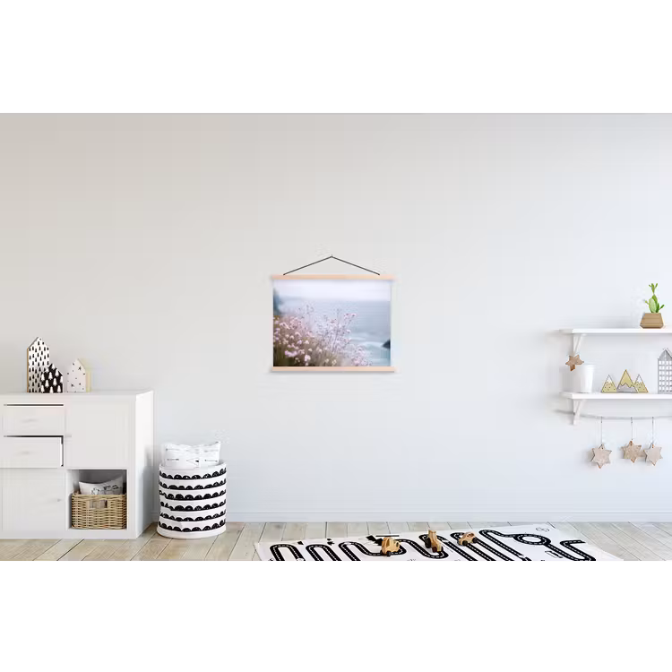 Klif - Bloemen - Zee - Roze textielposter latten blank klein -kinderkamer