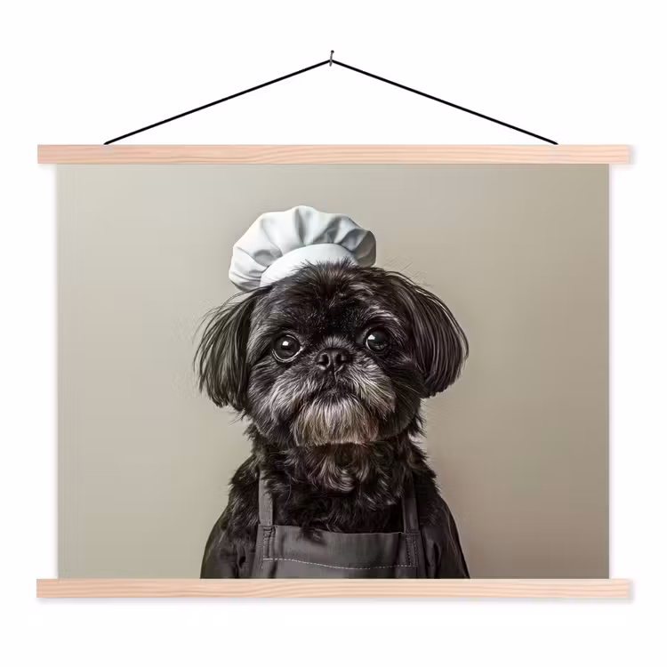 Kokskleding - Zwart - Hondje textielposter latten blank klein -3d
