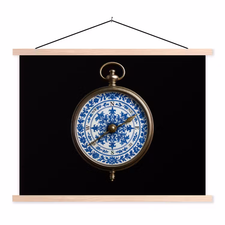Kompas - Delfts blauw - Zwart textielposter latten blank klein -3d