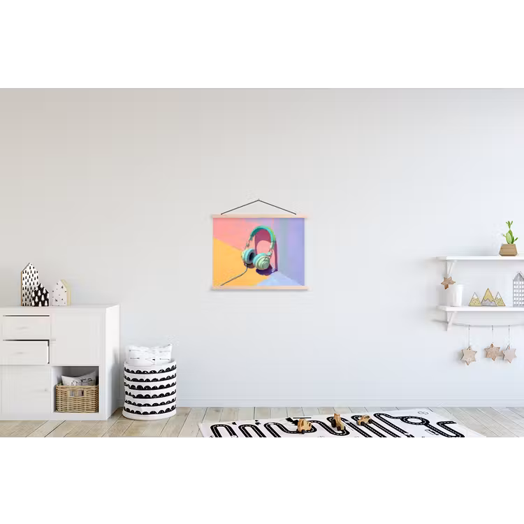 Koptelefoon - Mintgroen - Draad textielposter latten blank klein -kinderkamer