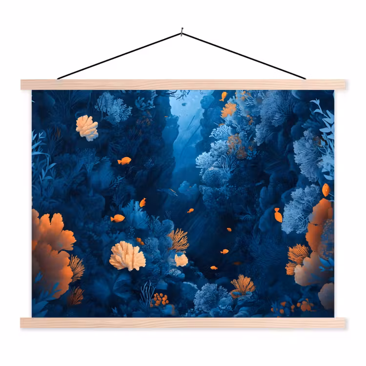 Koraalrif - Vissen - Oceaan - Blauw textielposter latten blank klein -3d