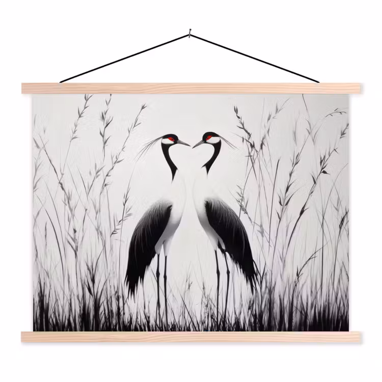 Kraanvogels - Gras - Hartvorm - Zwart textielposter latten blank klein -3d