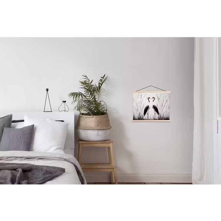 Kraanvogels - Gras - Hartvorm - Zwart textielposter latten blank klein -woonkamer