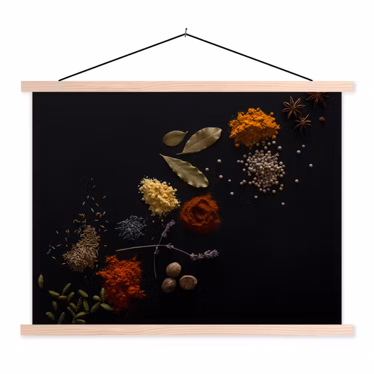 Kruiden - Zwart - Specerijen - Keuken - Koken textielposter latten blank klein -3d