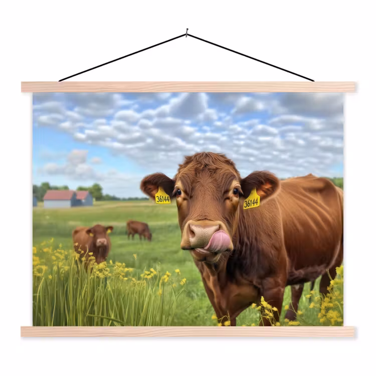 Koe - Weide - Bloemen textielposter latten blank klein -3d