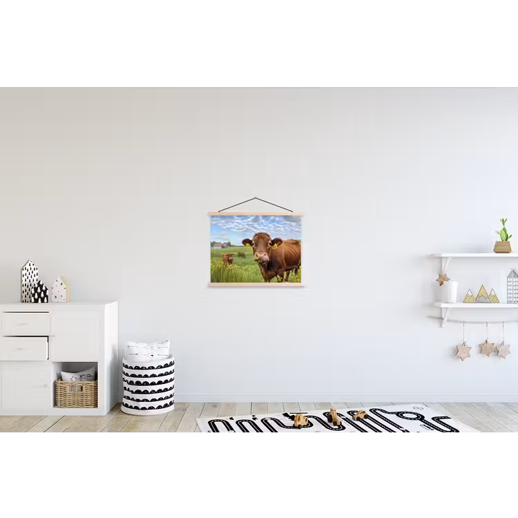 Koe - Weide - Bloemen textielposter latten blank klein -kinderkamer