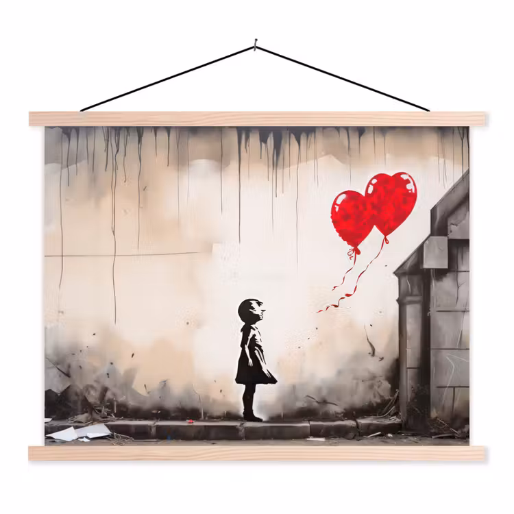 Kunst - Meisje - Ballonnen - Hart - Grijs textielposter latten blank klein -3d