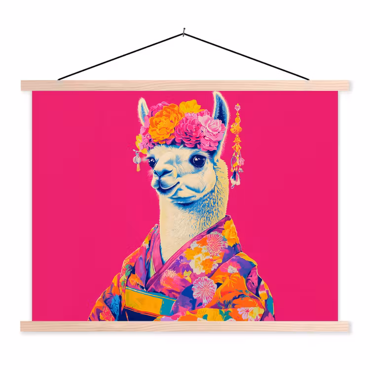 Lama - Kimono - Bloemenkrans - Felroze textielposter latten blank klein -3d