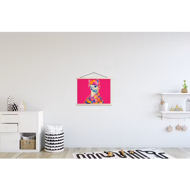 Lama - Kimono - Bloemenkrans - Felroze textielposter latten blank klein -kinderkamer