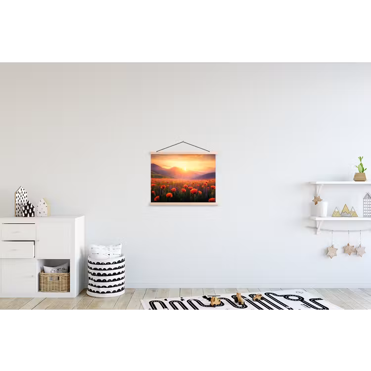 Landschap - Zonsondergang - Bloemenveld textielposter latten blank klein -kinderkamer