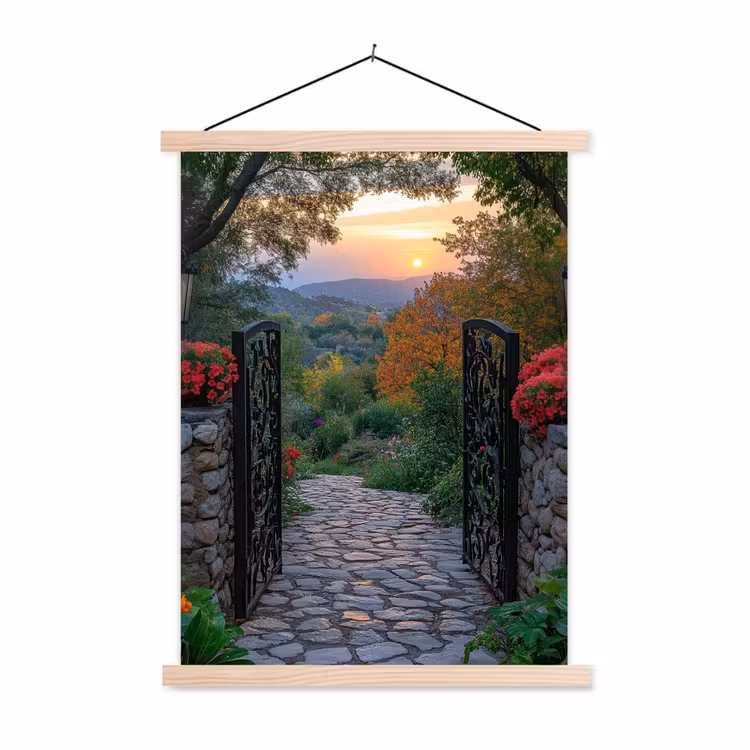 Landschap - Hek - Pad - Zonsondergang - Natuur textielposter latten blank klein -3d