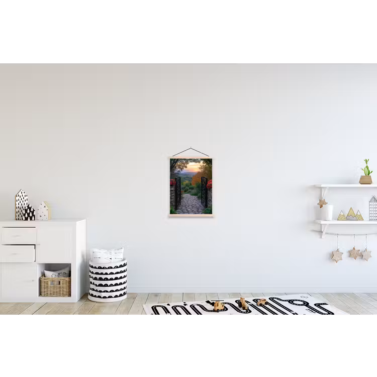 Landschap - Hek - Pad - Zonsondergang - Natuur textielposter latten blank klein -kinderkamer