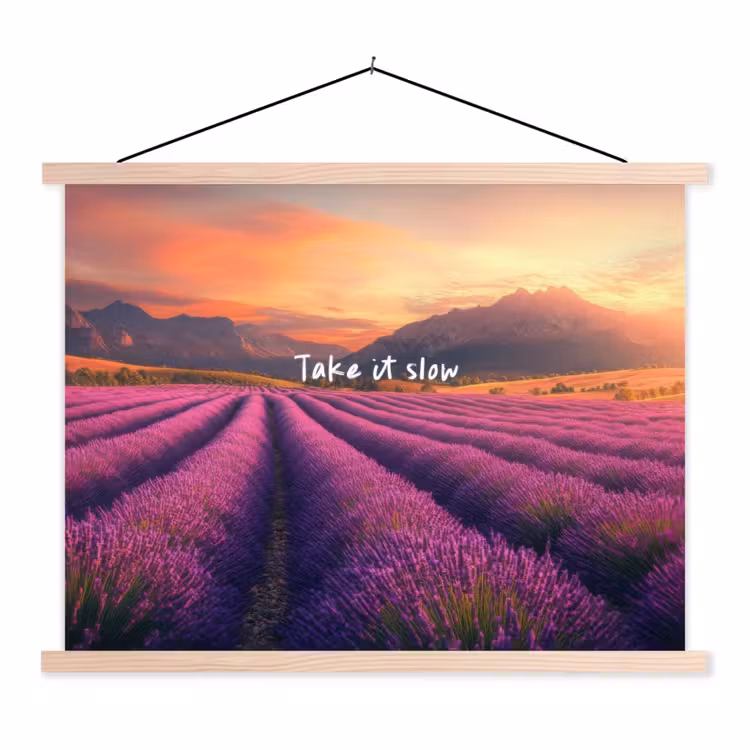 Lavendelveld - Quote - Zonsondergang textielposter latten blank klein -3d