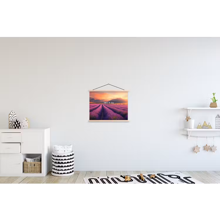 Lavendelveld - Quote - Zonsondergang textielposter latten blank klein -kinderkamer