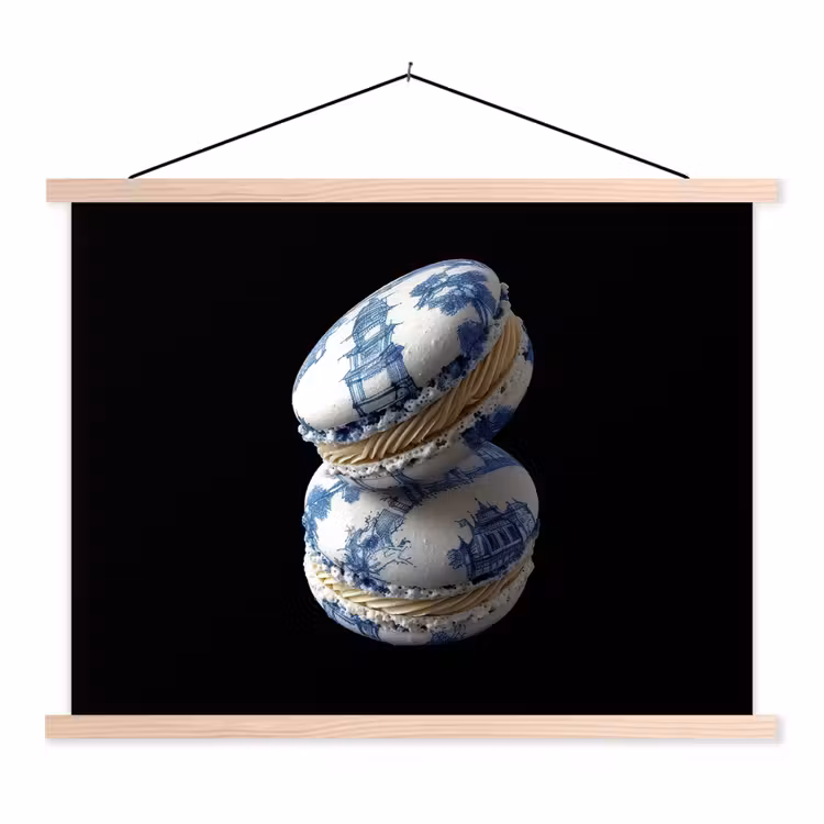 Eten - Macarons - Delfts blauw - Koekjes textielposter latten blank klein -3d