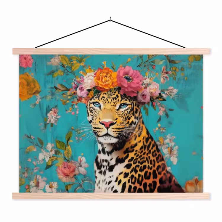 Luipaard - Bloemen - Kroon textielposter latten blank klein -3d