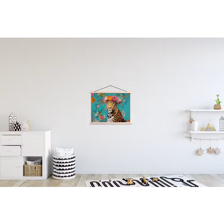 Luipaard - Bloemen - Kroon textielposter latten blank klein -kinderkamer