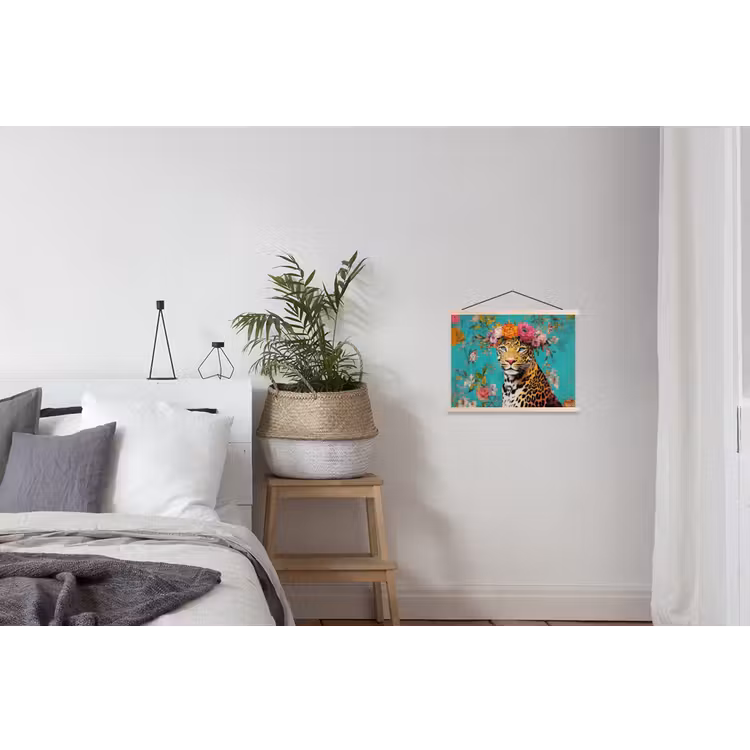 Luipaard - Bloemen - Kroon textielposter latten blank klein -woonkamer