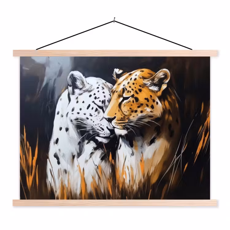 Luipaard - Oranje - Wit - Gras textielposter latten blank klein -3d