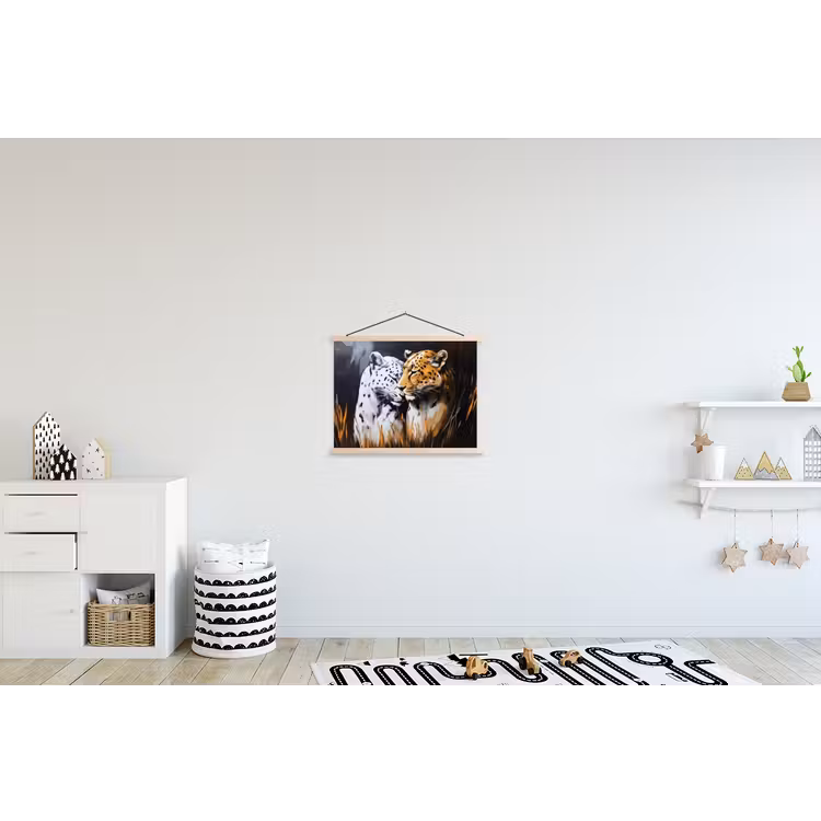 Luipaard - Oranje - Wit - Gras textielposter latten blank klein -kinderkamer