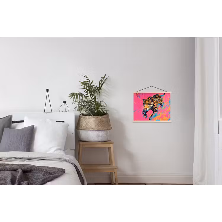 Luipaard - Roze - Oranje - Blauw - Verf textielposter latten blank klein -woonkamer
