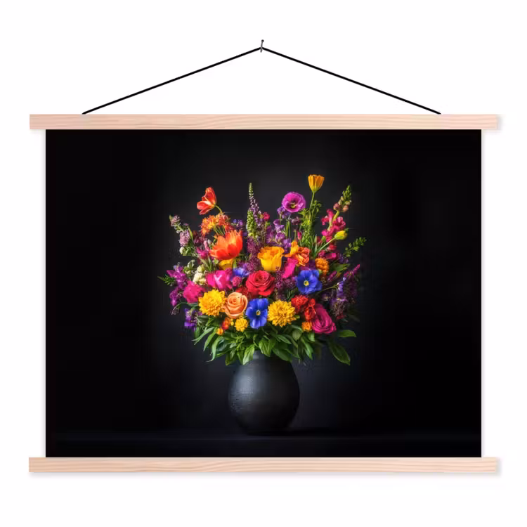 Felgekleurd - Bloemen - Vaas textielposter latten blank klein -3d