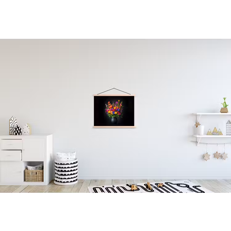 Felgekleurd - Bloemen - Vaas textielposter latten blank klein -kinderkamer